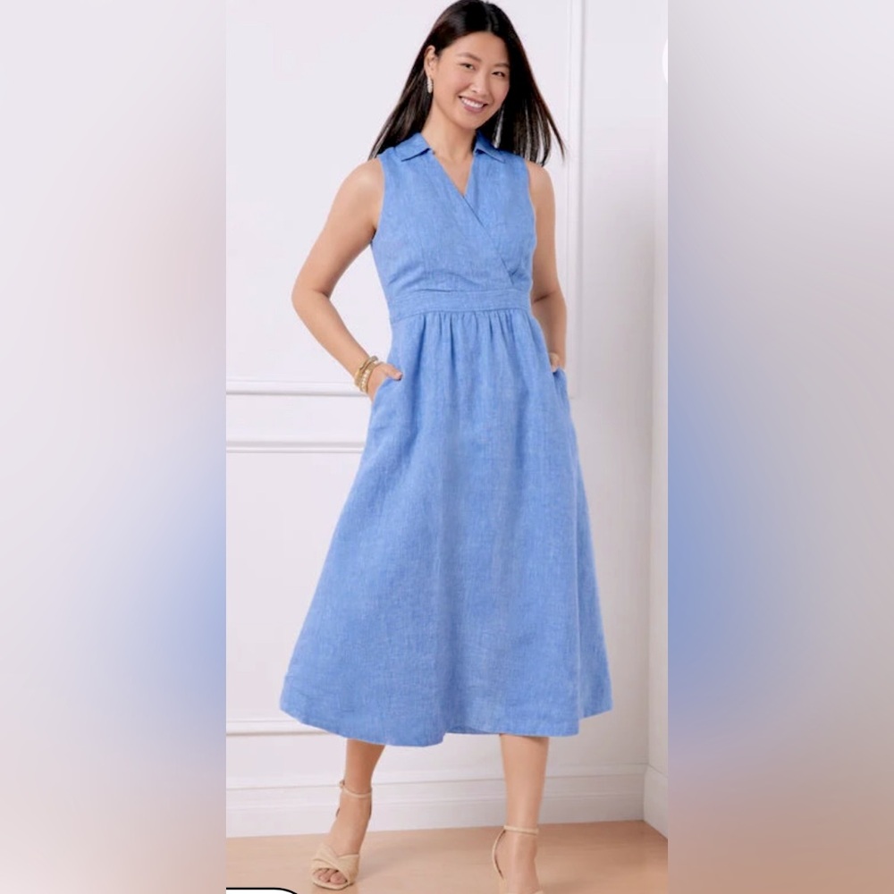 Summer Beauty! Talbots Faux Wrap Linen Shirtdress - Blue 4P Never Worn!